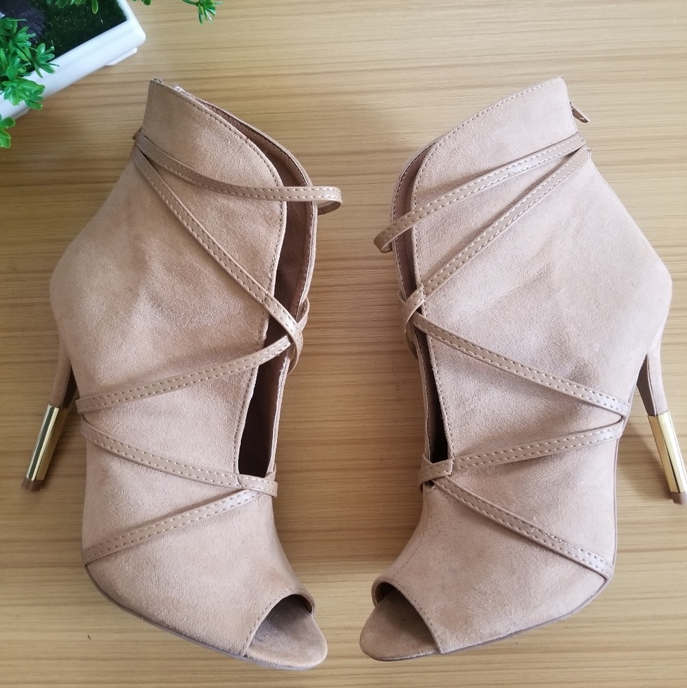 Tan Suede Ankle Boots with Draped Design